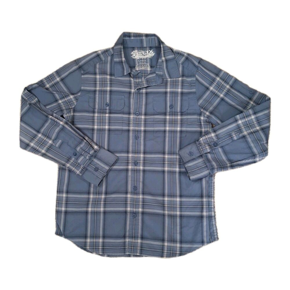 Helix Instinct Is A Virtue Mens Large Shirt Blue Plaid Roll Tab Long Sleeve...